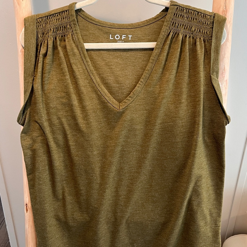 LOFT Olive Green V-Neck Tank with Smocked Shoulders
